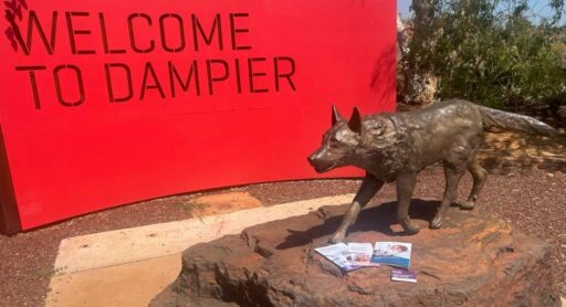 Staff shot from Dampier visit of dingo statue